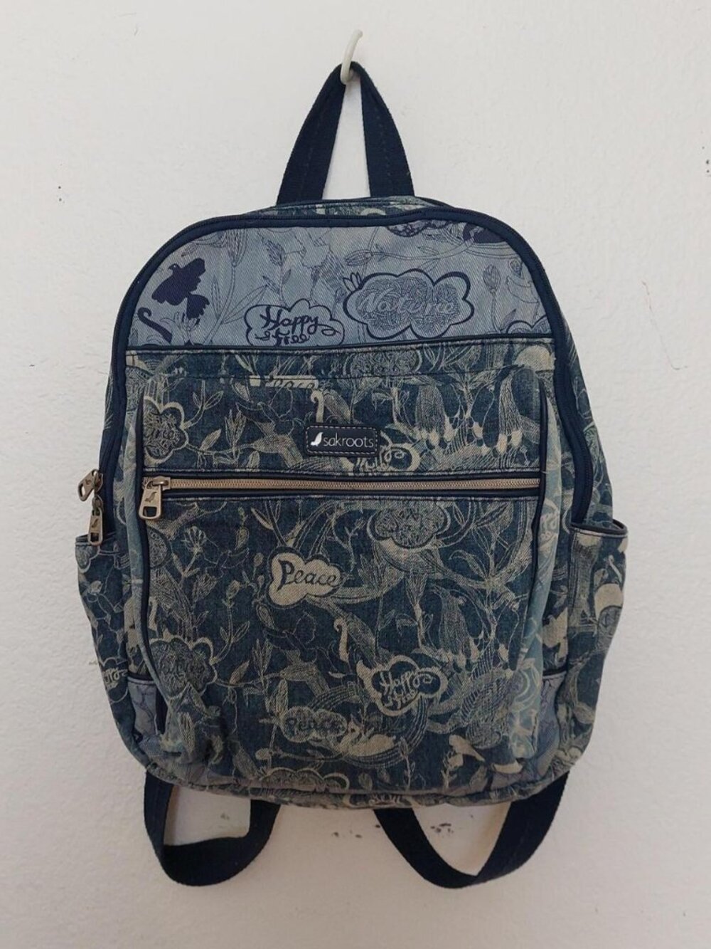 Sakroots multicoloured backpack with adjustable straps peace birds zipper denim